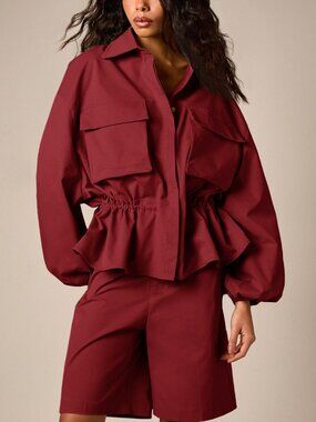 Red Casual Women's Oversized Cargo Shirt Jacket